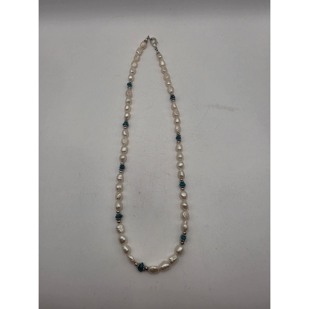 Freshwater Baroque Pearl Necklace Turquoise Accents Silver Tone 18 Inch Beaded - Picture 3 of 4